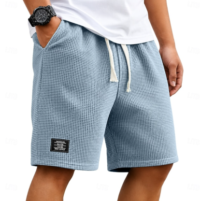Men Waffle Knit Drawstring Elastic Waist Label Decor Casual Five Inch Sweat Shorts
