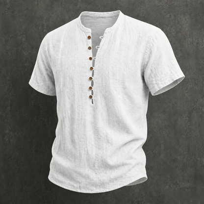 Men Mandarin Collar Wooden Button Half Placket Linen Blend Short Sleeve Henley Shirt