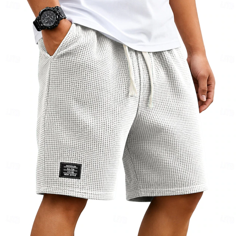 Men Waffle Knit Drawstring Elastic Waist Label Decor Casual Five Inch Sweat Shorts