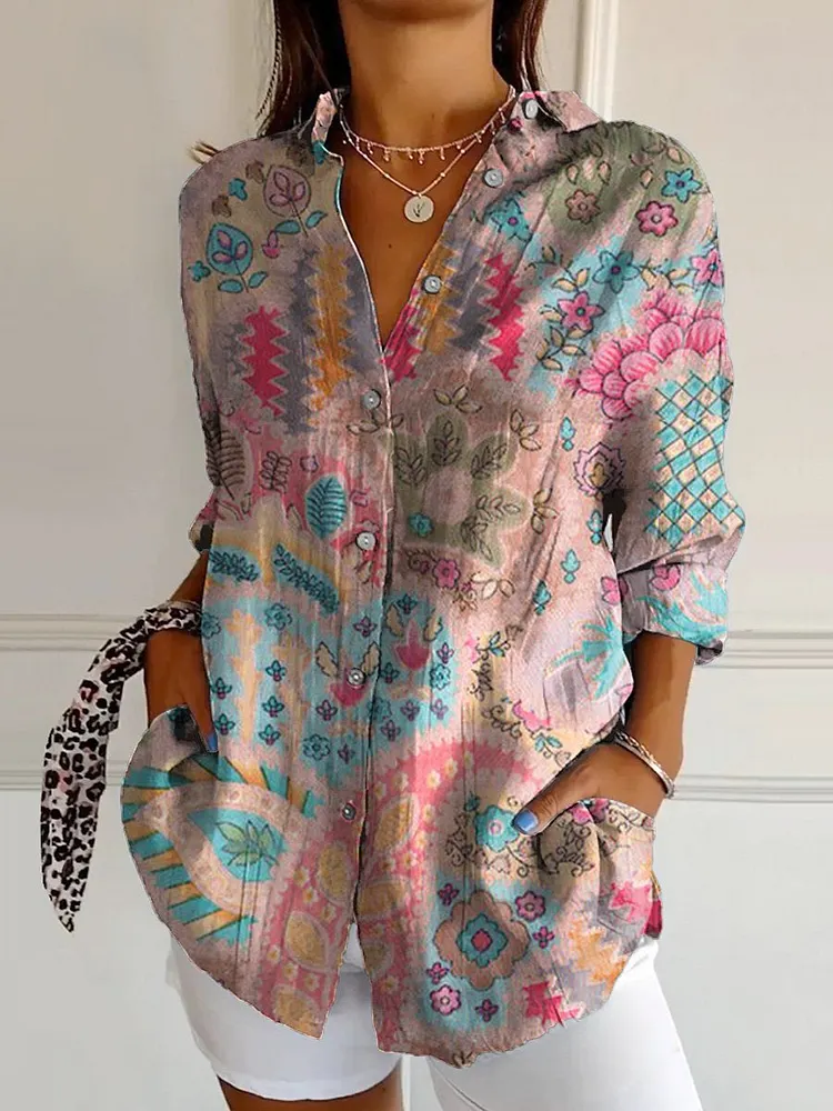 Women's Vintage Floral Art Print Casual Cotton Linen V-neck Shirt