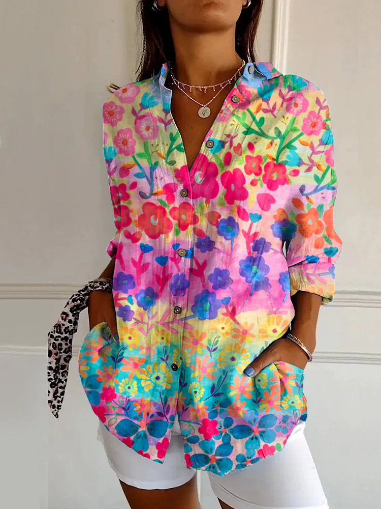 Vintage Hand-Painted Bohemian Flowers Print Casual Long-sleeved Shirt