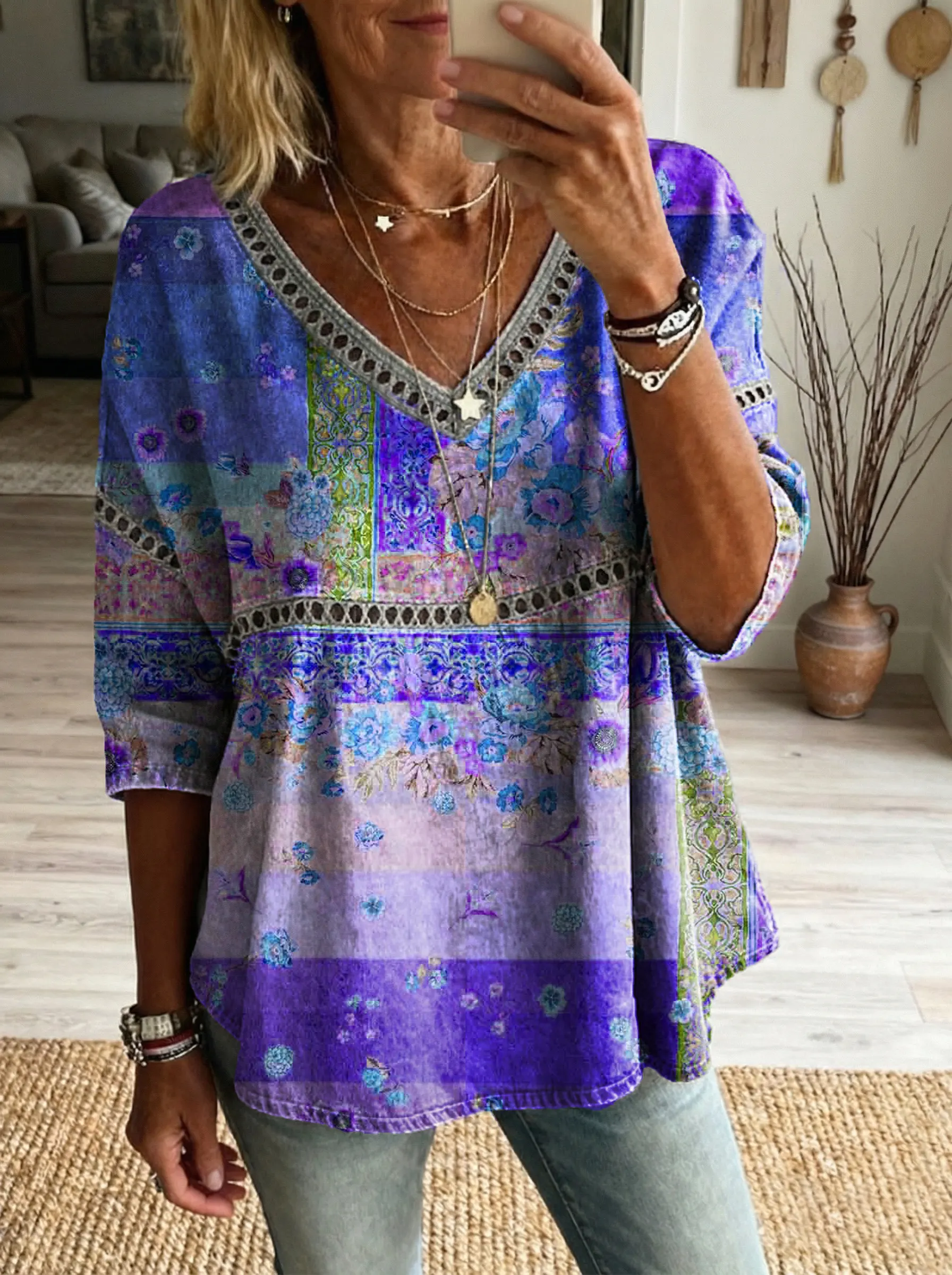 Women's Floral Pattern Art Print Casual V-neck Lace-up Top