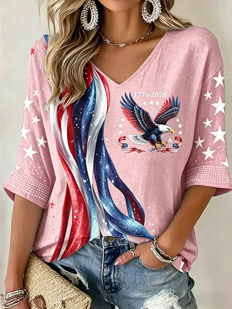 Women's Flag Floral Print V-neck Linen T-shirt