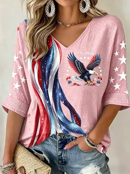 Women's Flag Floral Print V-neck Linen T-shirt