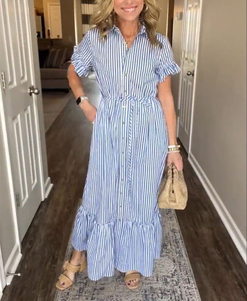 NEWStriped Cotton Lapel Button Shirt Dress(Buy 2 Free Shipping)