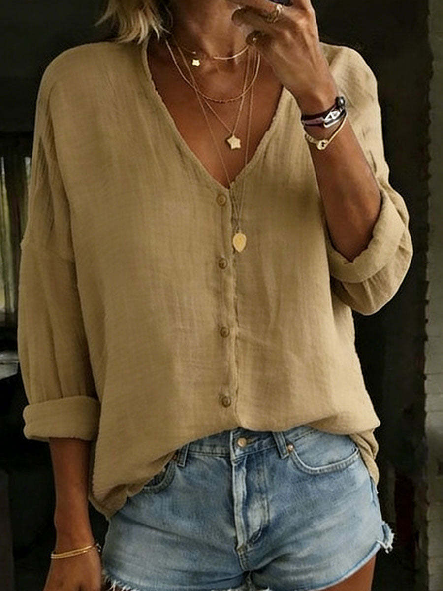 Women's Cotton Linen Loose Solid Color Long-sleeved Shirt