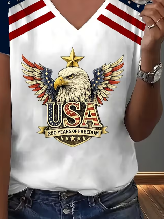Women's USA 250th Anniversary Short Sleeve T-shirt Summer White Text Letters Jersey V Neck Holiday Going Out Casual Top