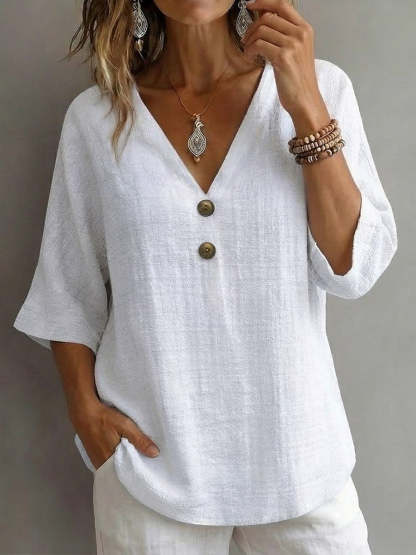 Women's V-neck Short-sleeve Cotton Linen Shirt