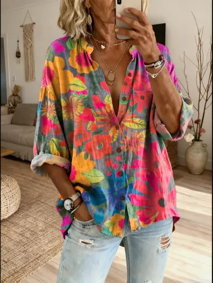 Women's Bohemian Totem Floral Art Print Casual Cotton Linen Shirt