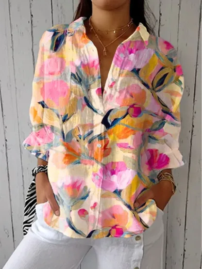 Women's Vintage Art Flower Print Casual Linen V-neck Shirt