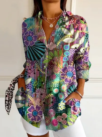 Women's Vintage Floral Art Print Casual Cotton Linen V-neck Shirt