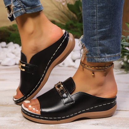 💝Summer Sale⭐Women's chain-embellished wedge sandals, casual open-toe platform shoes, comfortable slip-on sandals
