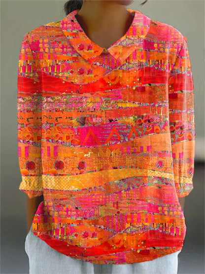 Women's Vintage Art Print Casual Cotton And Linen 3/4 Sleeve Shirt