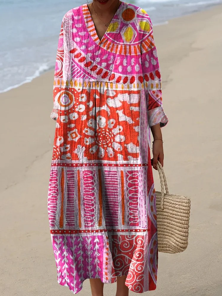 Women's Vintage Geometric Pattern Art Print Cotton Dress