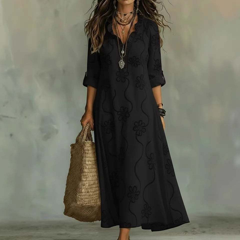 Boho Floral Embroidered Maxi Dress | V-Neck Ruffle Trim Vacation & Beach Outfit