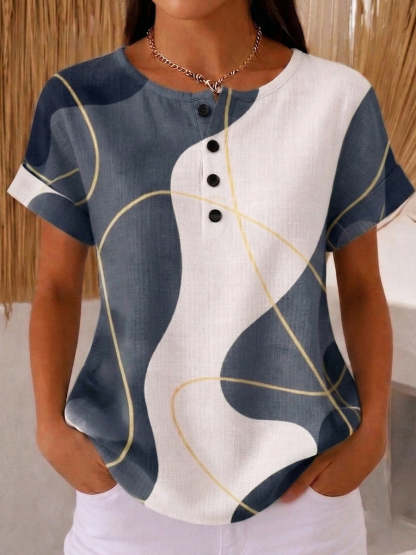 Artistic Line Print Cotton-linen Blouse