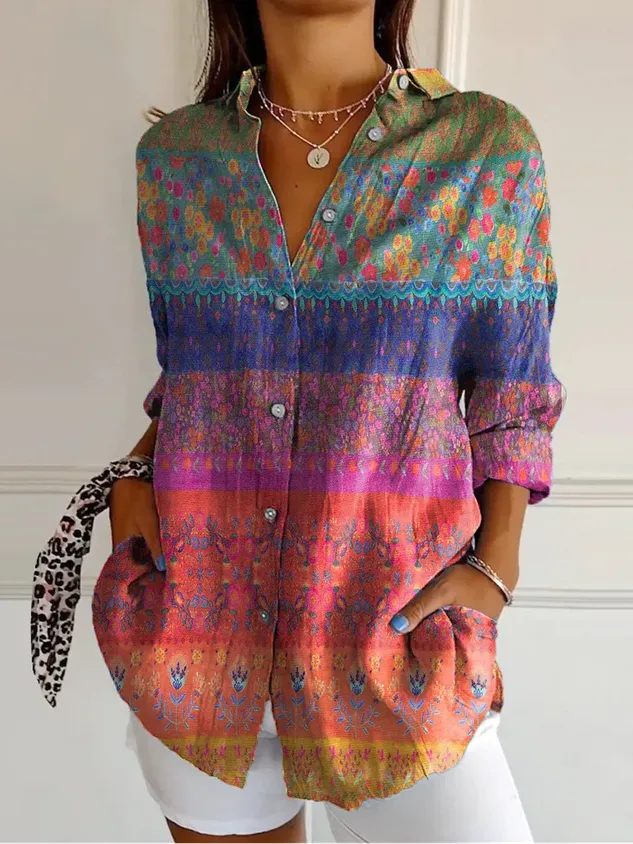 Women's Shirt Linen Like Breathable Lightweight Graphic Geometric Vintage Daily Casual Long Sleeve Shirt Collar Regular Tops Daily Holiday Print