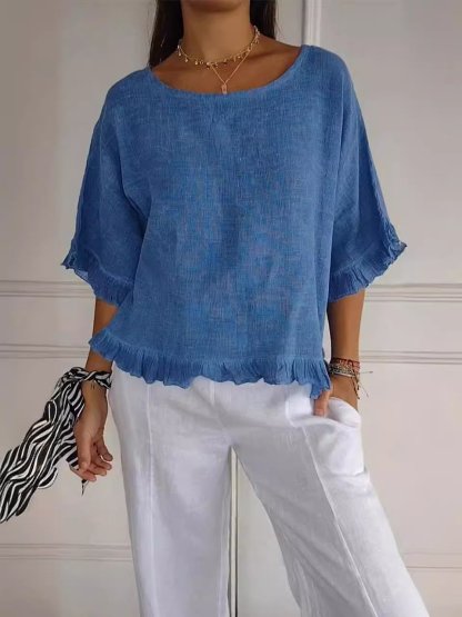 🔥Clearance Sale🔥 Women's Round Neck Ruffled Cotton And Linen Top