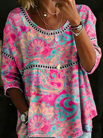 Women's Vintage Ethnic Casual Loose Denim Blouse Shirt