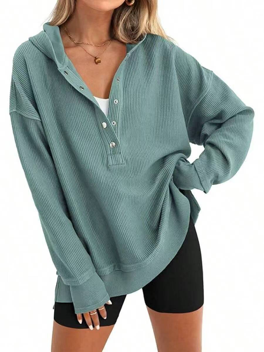 PrettyGarden Womens Fashion Long Sleeve Hoodie Oversized V Neck Sweatshirt Side Slit Casual Pullover Tops-Womenswear