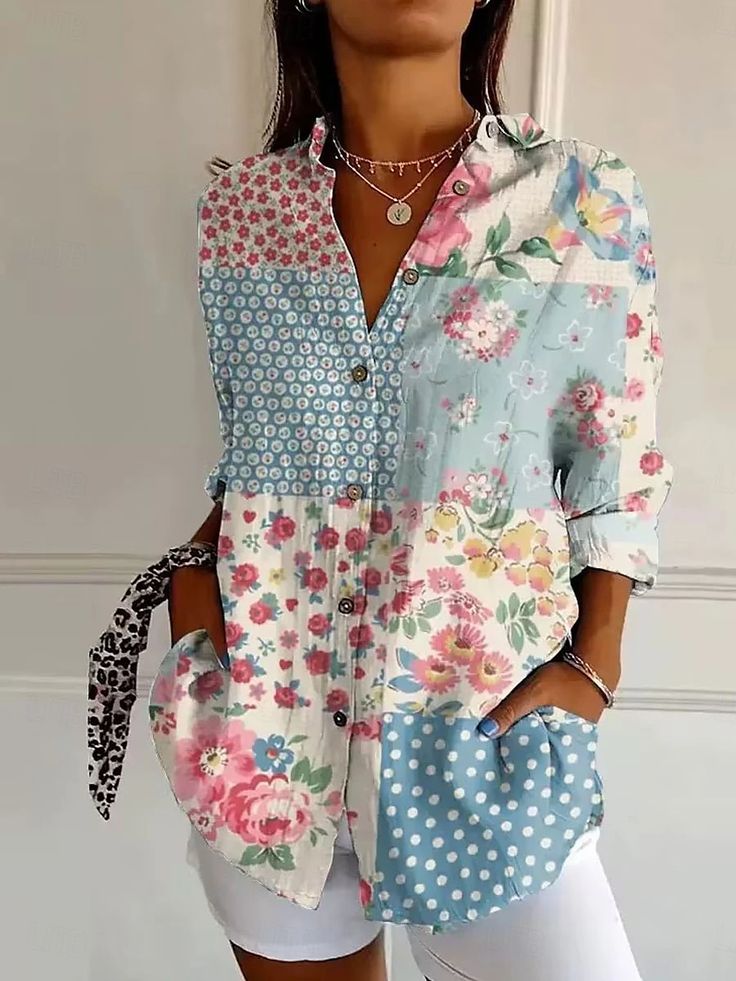 Women's Three Quarter Sleeve Shirt Spring/Fall As Picture Floral Printing Shirt Collar Daily Going Out Casual Top