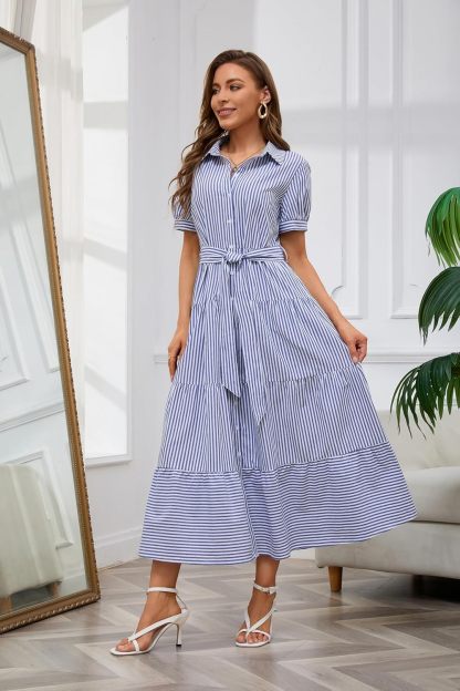 Womens Casual Short Sleeve Button Down Tie Waist Ruffled Striped Maxi Shirt Dress(Buy 2 Free Shipping)