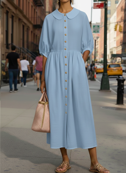 New Arrivals🔥Women's Comfortable Peter Pan Collar Button Loose Linen and Cotton Dress