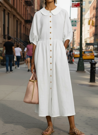 New Arrivals🔥Women's Comfortable Peter Pan Collar Button Loose Linen and Cotton Dress
