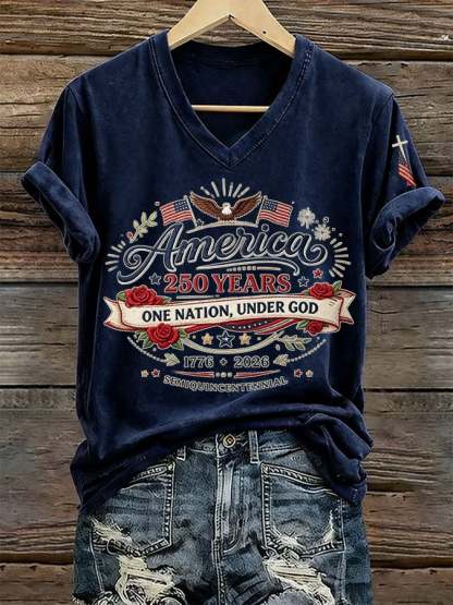 Women's America 250 Years One Nation Under God Print V Neck T-shirt