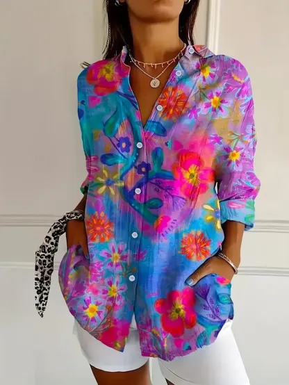 Vintage Hand-Painted Bohemian Flowers Print Casual Long-sleeved Shirt
