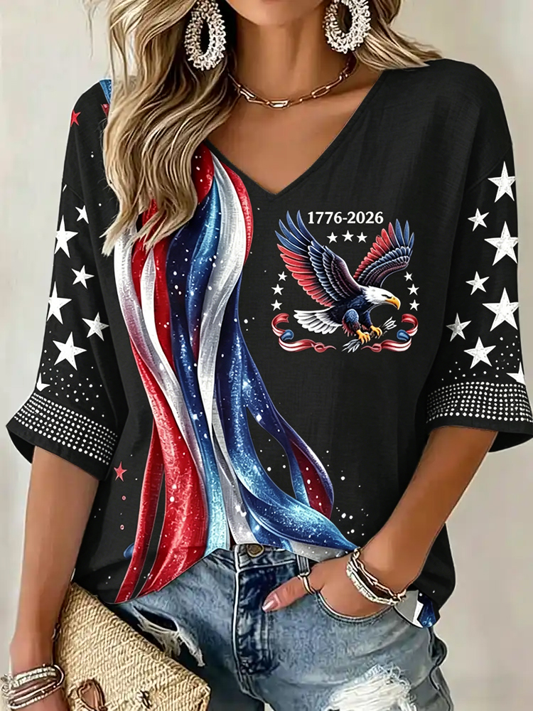 Women's Flag Floral Print V-neck Linen T-shirt