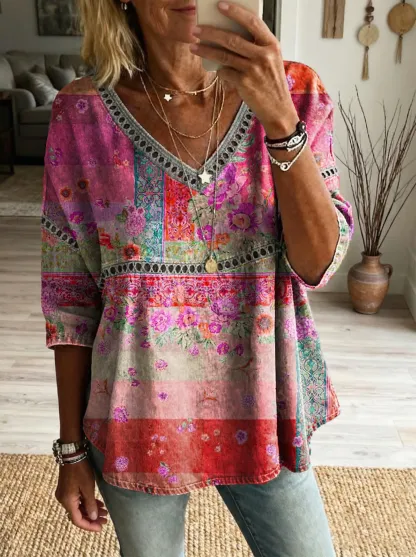 Women's Floral Pattern Art Print Casual V-neck Lace-up Top