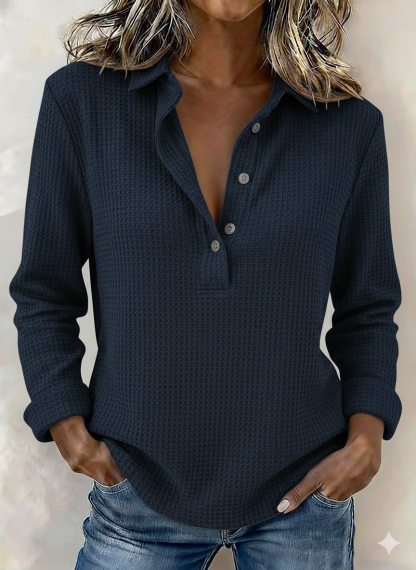 Women's Solid Color Lapel Casual Long Sleeve Waffle Shirt