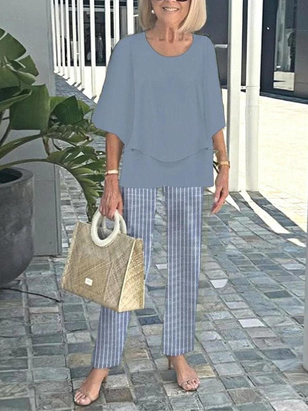 Bell Sleeve Crew Neck Casual Loose Two-Piece Set