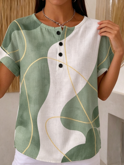 Artistic Line Print Cotton-linen Blouse