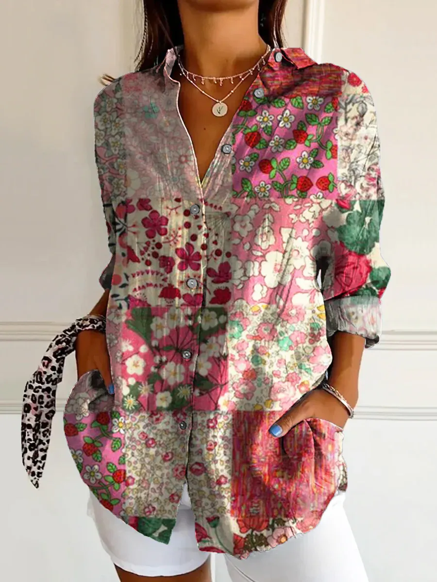 Women's Vintage Floral Art Print Casual Cotton Linen V-neck Shirt