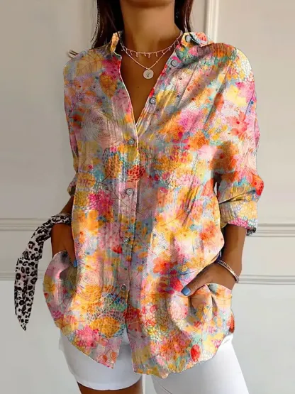 Vintage Hand-Painted Bohemian Flowers Print Casual Long-sleeved Shirt