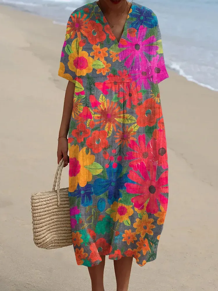 Women's Vintage Geometric Pattern Art Print Cotton Dress