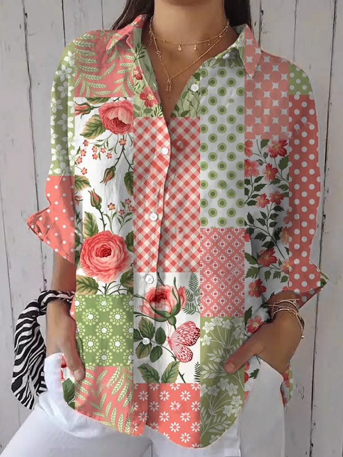 Women's Three Quarter Sleeve Shirt Spring/Fall As Picture Floral Printing Shirt Collar Daily Going Out Casual Top