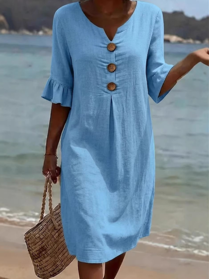 Cotton Plain V Neck Short Sleeve Button Casual Regular Fit Dress