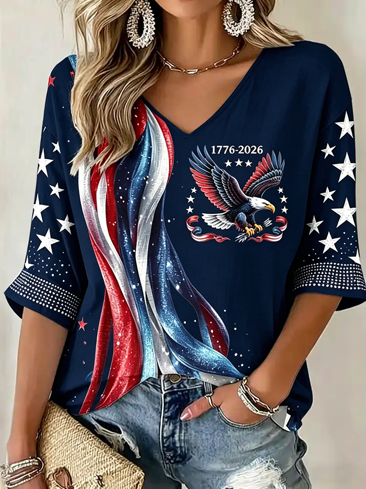 Women's Flag Floral Print V-neck Linen T-shirt