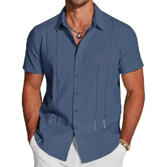 Men's Cuban Guayabera Short Sleeve V-Neck Linen Shirt Casual Summer Beach