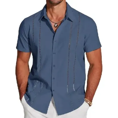 Men's Cuban Guayabera Short Sleeve V-Neck Linen Shirt Casual Summer Beach