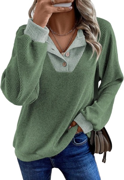 ✨Women's Colorblock Button Up V Neck Long Sleeve Casual Sweatshirts