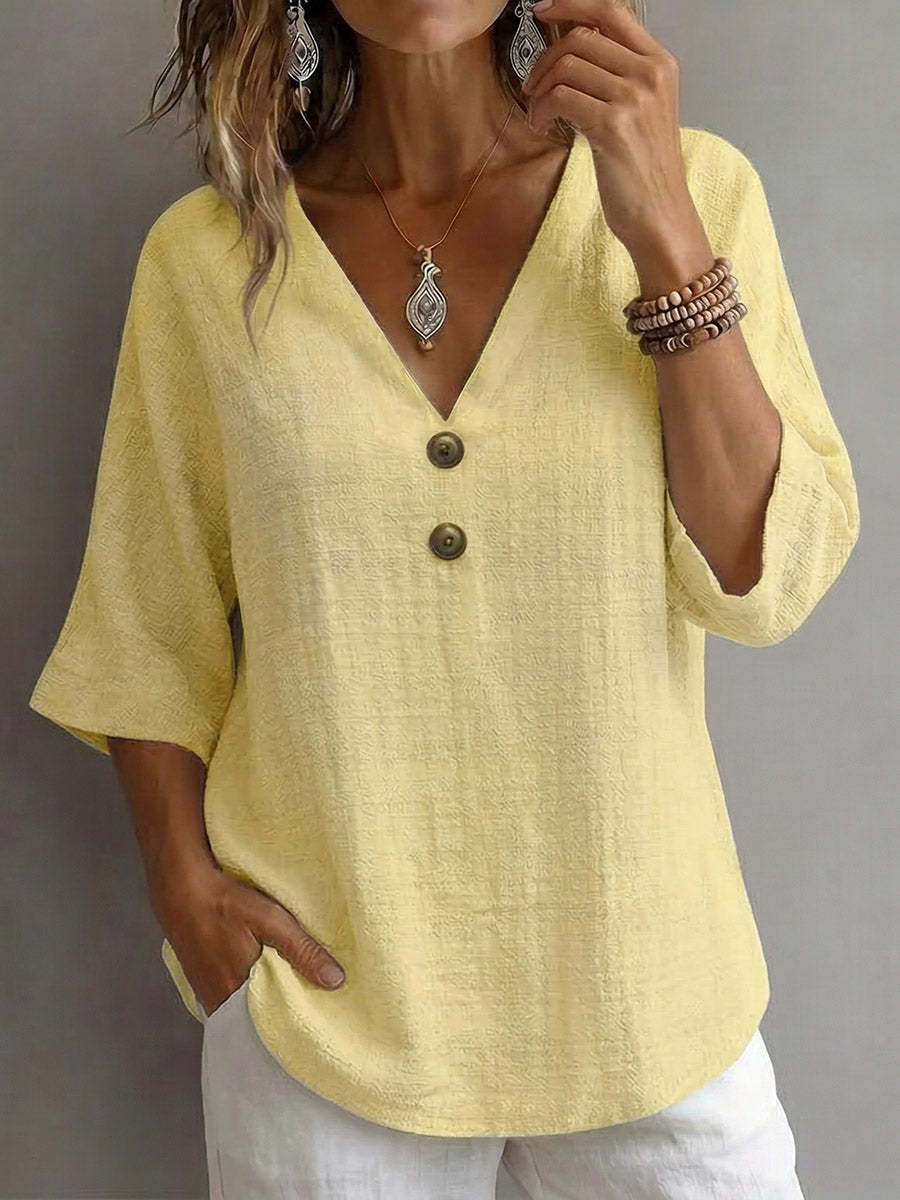 Women's V-neck Short-sleeve Cotton Linen Shirt