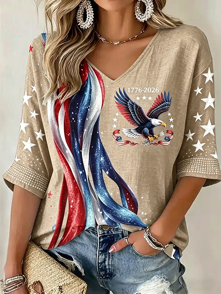 Women's Flag Floral Print V-neck Linen T-shirt