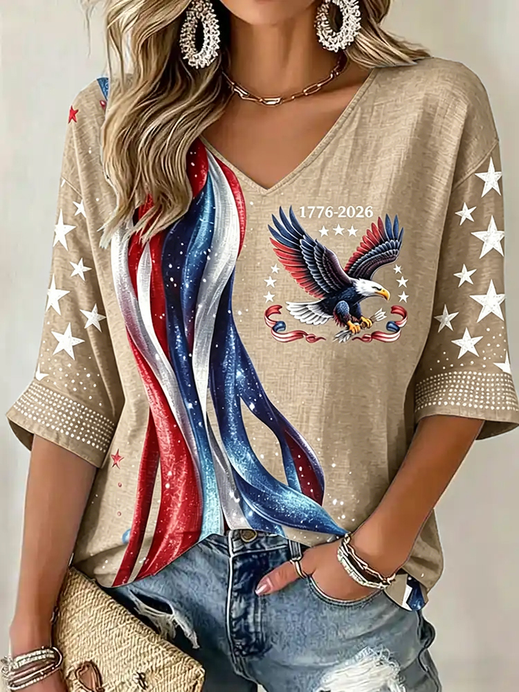 Women's Flag Floral Print V-neck Linen T-shirt