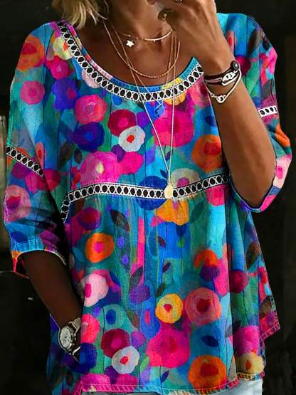 Women's Vintage Ethnic Casual Loose Denim Blouse Shirt