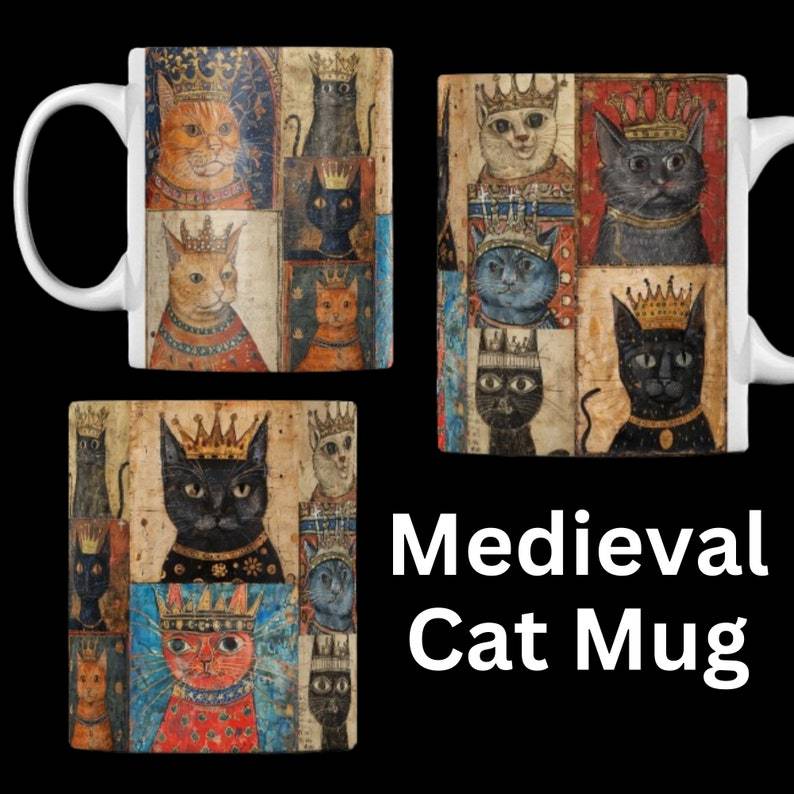 Medieval Crowned Cat Mug: Illuminated Manuscript Style, Cat Gift