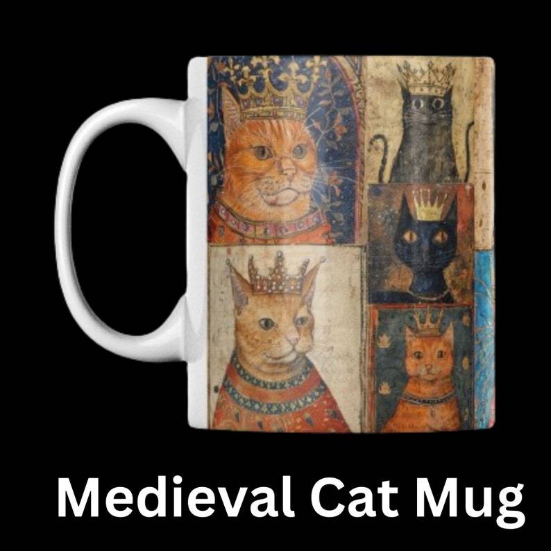 Medieval Crowned Cat Mug: Illuminated Manuscript Style, Cat Gift
